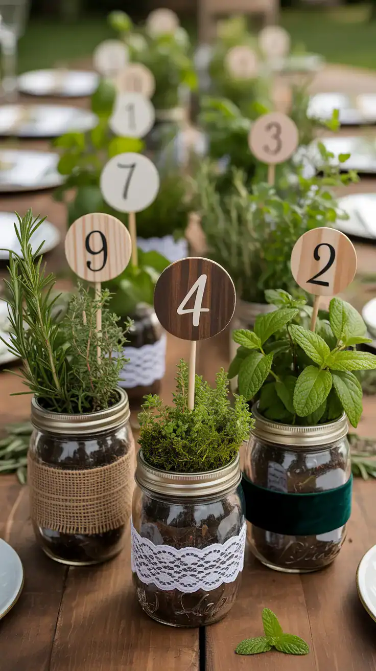 Medium tabletop scene: mason jars used as herb-filled table numbers at a reception; rosemary, thyme, and mint planted in soil with a moss topper; jars wrapped variously in burlap, lace, and deep green velvet ribbon to match a garden-party palette; small wooden and acrylic table numbers inserted into the soil; warm afternoon natural light grazing herb leaves; set on a rustic wood table with a few scattered herb clippings for garnish, straight-on composition, no people.
