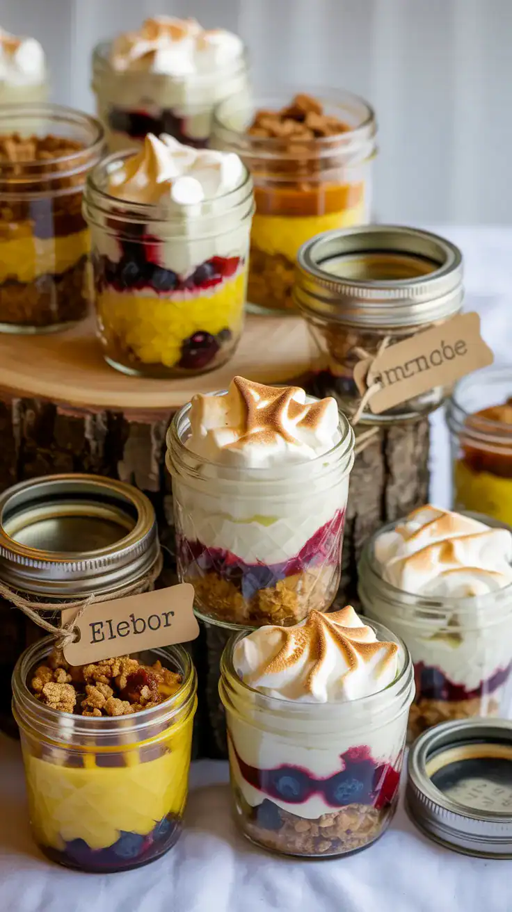 Closeup dessert bar detail: short mason jars filled with mini layered desserts—lemon blueberry trifle with curd and whipped cream, spiced apple crumble with oat topping, and s’mores cheesecake capped with toasted meringue; four-ounce and six-ounce sizes mixed; clear flavor tags on twine; a few metal lids stacked nearby for take-home; textures emphasized—crumbles, glossy curds, and airy whip; bright, appetizing lighting with soft shadows; neutral backdrop and wooden riser, no people.