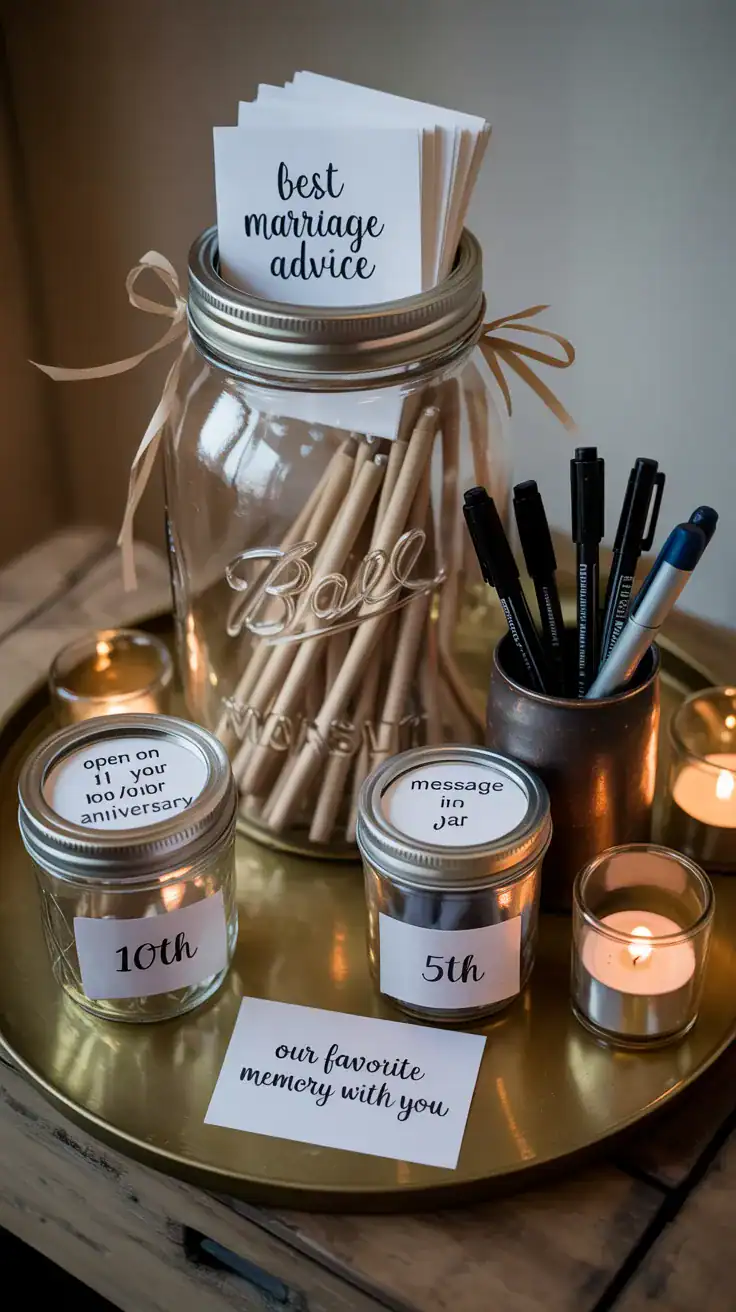 Medium shot of a rustic guest book station: a large mason jar filled with custom note cards labeled “Best Marriage Advice” and “Our Favorite Memory With You,” plus a “message in a jar” setup with tiny paper scrolls and thin ribbons; multiple jars labeled “Open on Your 1st Anniversary,” “5th,” “10th”; high-quality black gel pens and microns in a small ceramic cup; arranged on a brass tray with a few votive candles and a simple sign; cozy warm lighting, matte ceramic and wood textures, straight-on view, no people.