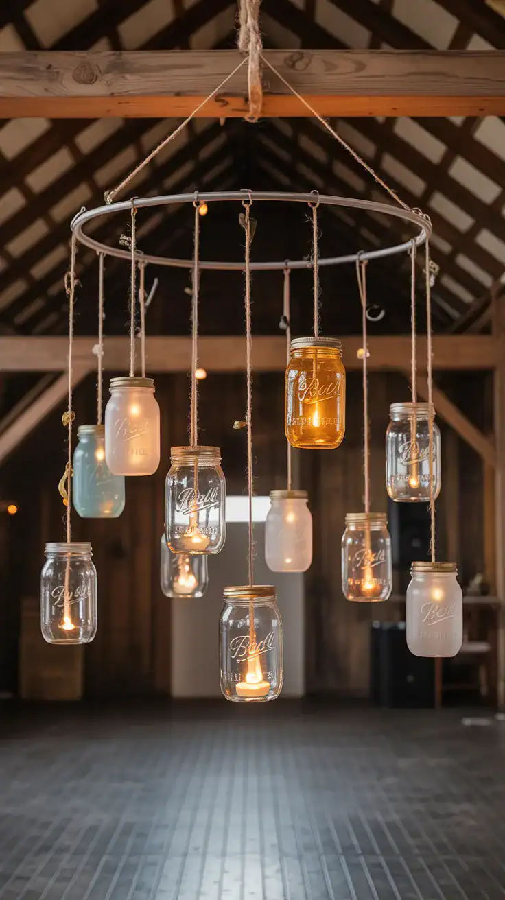 Wide dance floor scene, night: DIY hanging mason jar chandelier clusters suspended from a wooden beam and a metal hoop; jars at varied lengths with warm bulbs and some with LED tea lights; mix of clear, lightly tinted, and frosted glass for depth; odd-number groupings (7, 9, 11); fishing line and sturdy hooks subtly visible; dramatic yet soft ambient glow over a rustic barn interior, wooden rafters, and empty dance floor; slightly low upward angle, no people.