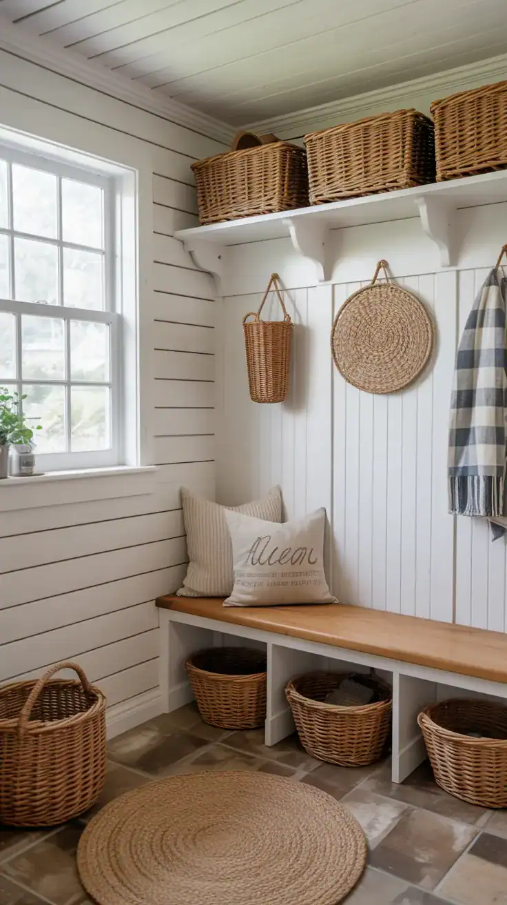 Bright cottage mudroom with white shiplap walls, wooden bench, and woven baskets creating warm inviting entryway