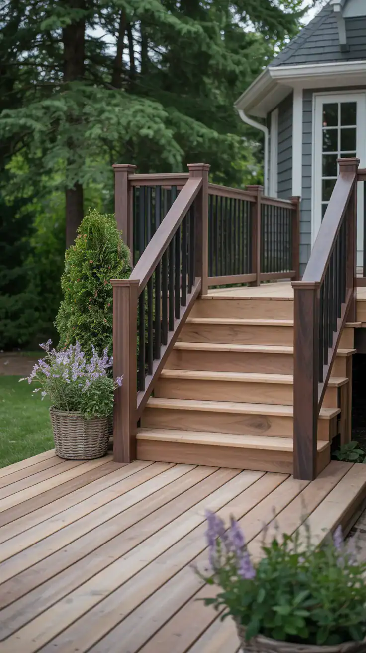 Dark walnut stained railings contrasting beautifully with natural cedar deck boards in a cozy backyard setting