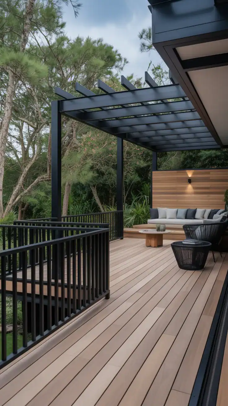 Modern deck with matte black railings and pale oak decking creating striking architectural contrast