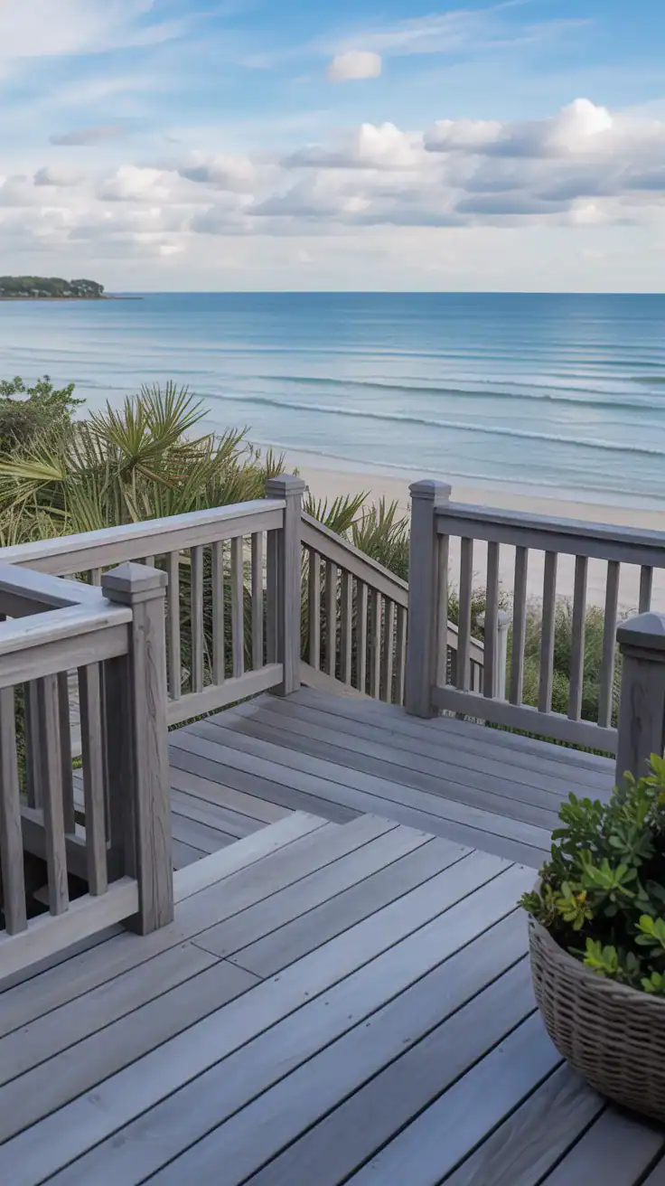 Coastal style deck featuring weathered gray railings paired with warm brown deck boards