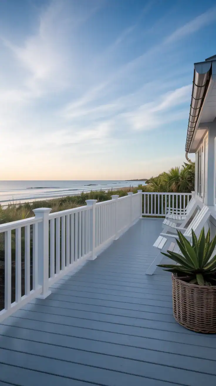 Bright coastal deck with crisp white railings and soft driftwood gray decking