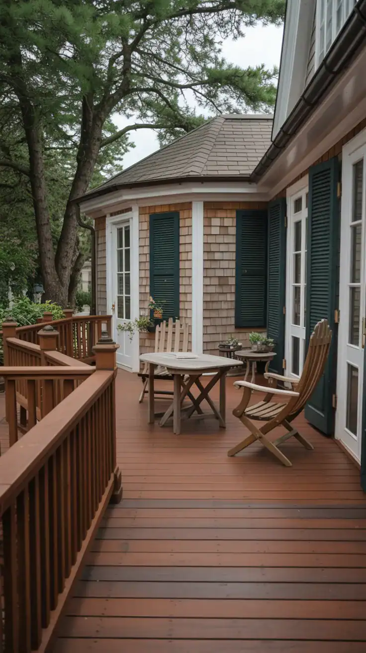 Traditional elegant deck with deep mahogany stained railings and natural wood flooring