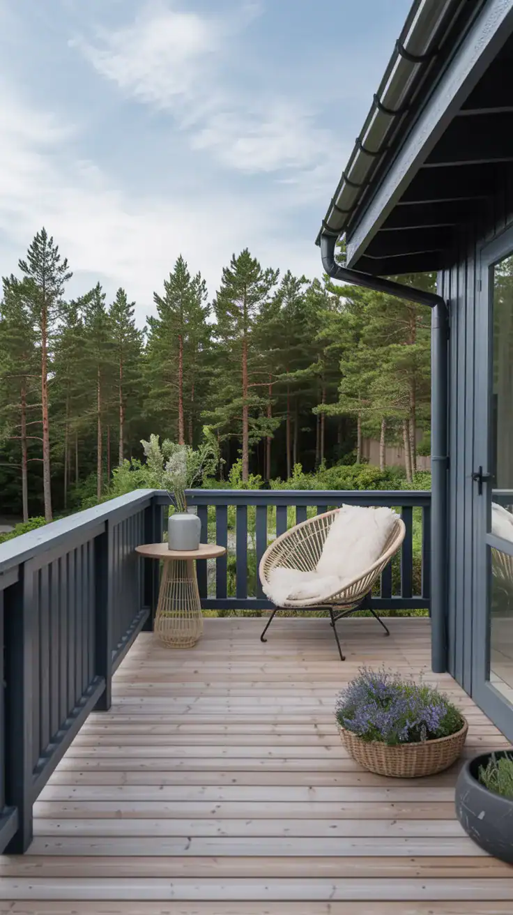 Scandinavian inspired deck with slate gray railings and pale blonde wood decking