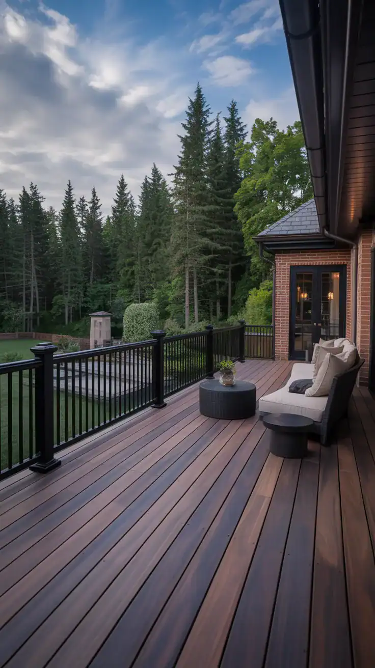 Luxurious deck featuring dramatic black railings with deep rich walnut deck boards