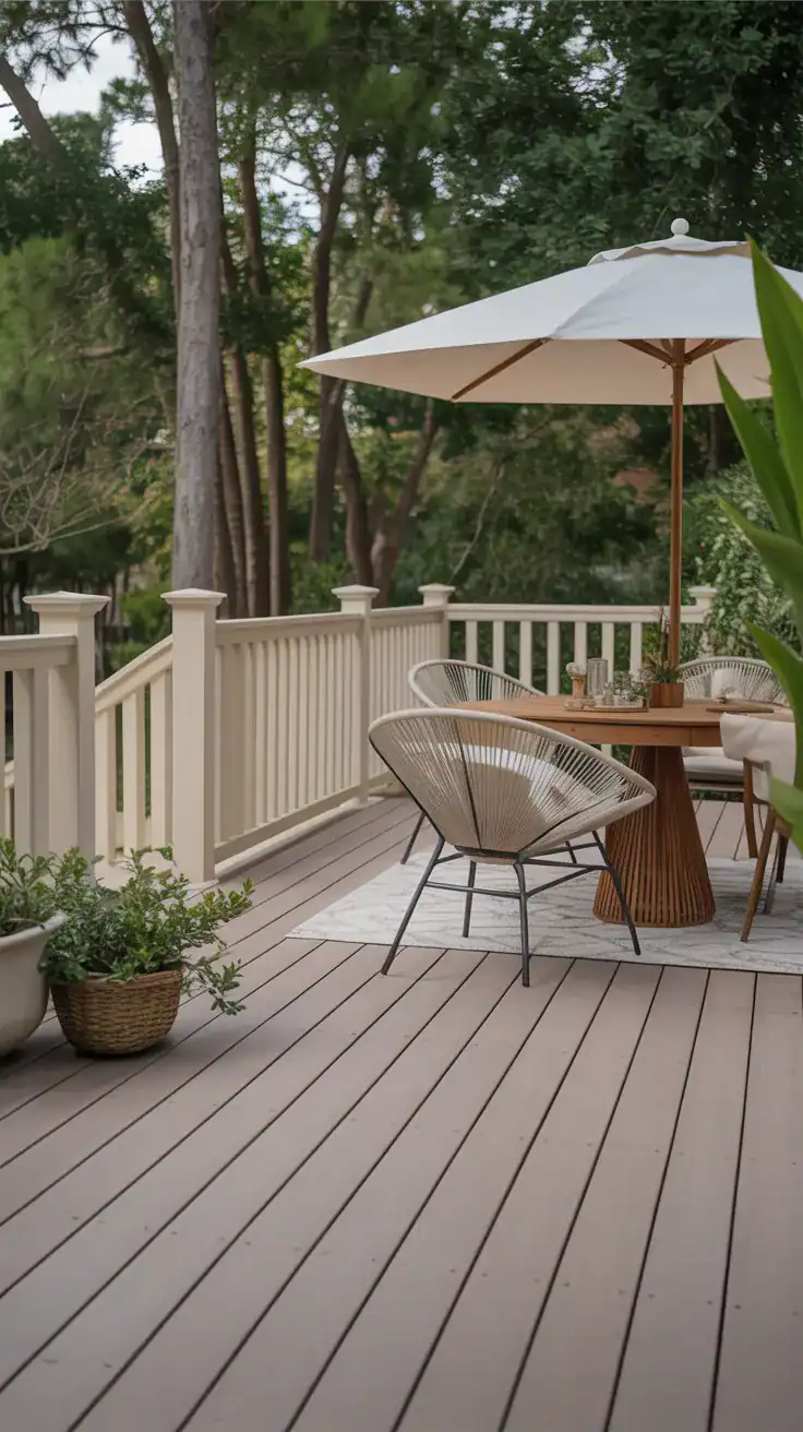 Warm earth toned deck with dark chocolate brown railings and sandy beige deck boards