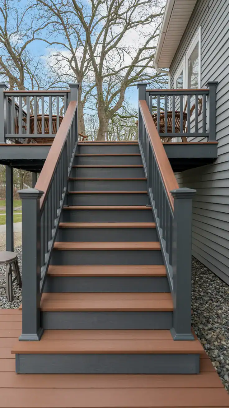 Versatile deck design with smoky gray railings and medium brown decking