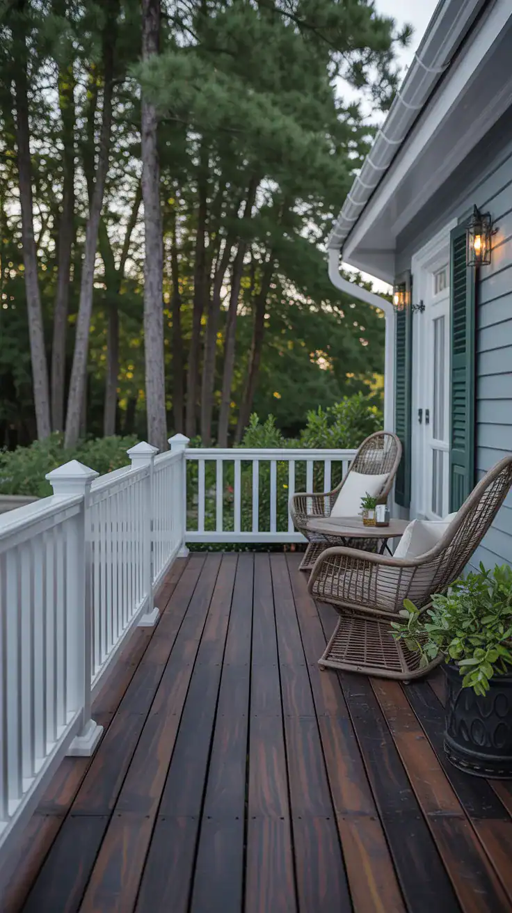 Classic contrasting deck with crisp white railings and deep espresso stained flooring