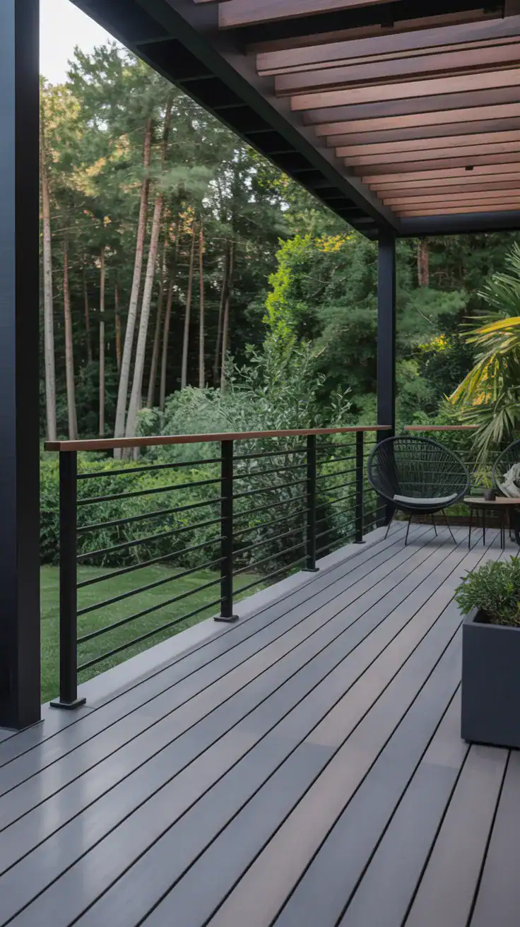Contemporary deck with sleek matte black railings and gray brown deck boards