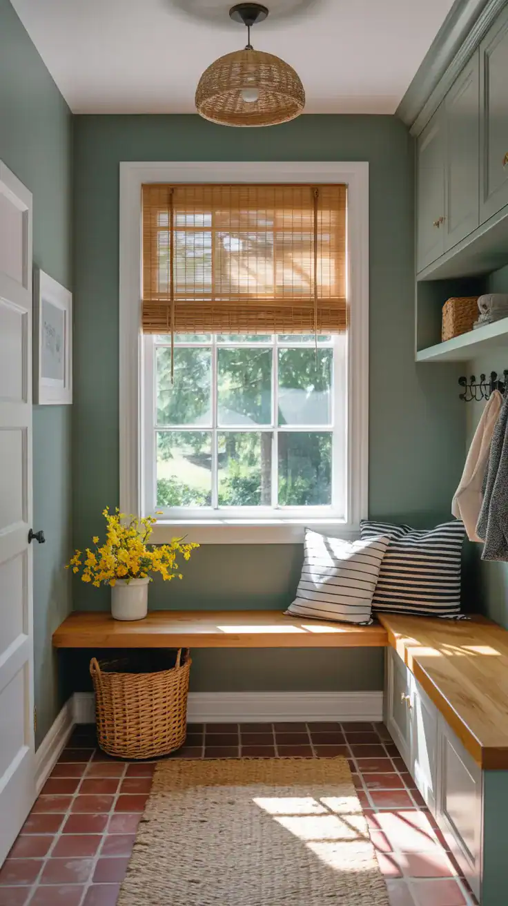 Mudroom showing how natural lighting affects paint color appearance through a window