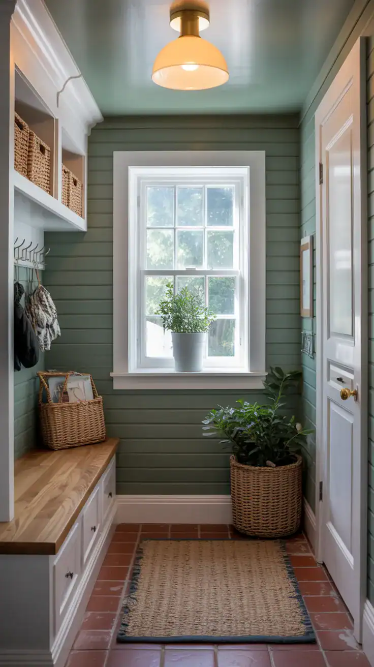 Small mudroom with ceiling painted the same color as the walls to create a larger feel