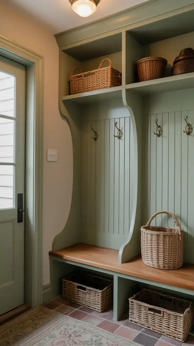 Soft mushroom gray mudroom with oak wood accents and cream textiles