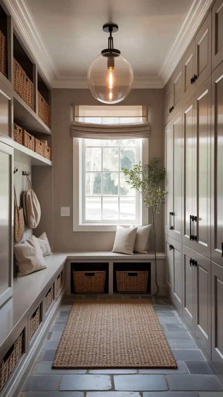 Pale taupe mudroom with black lighting fixtures and elegant transitional design