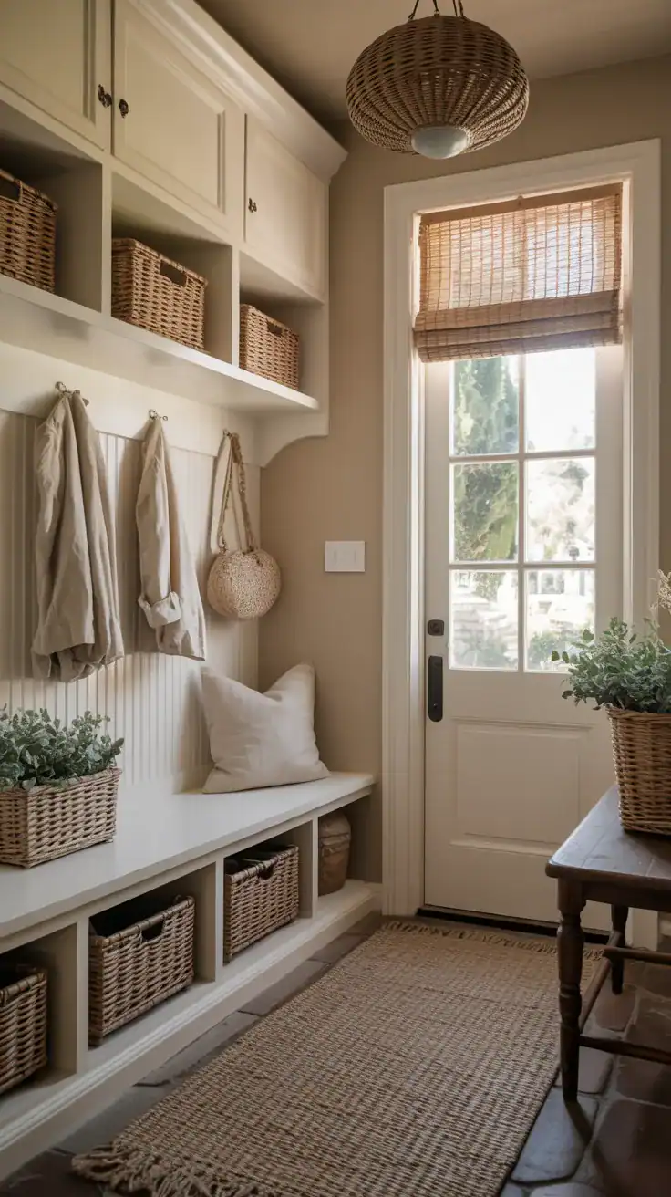 Creamy beige mudroom with vintage wood furniture and soft linen textures