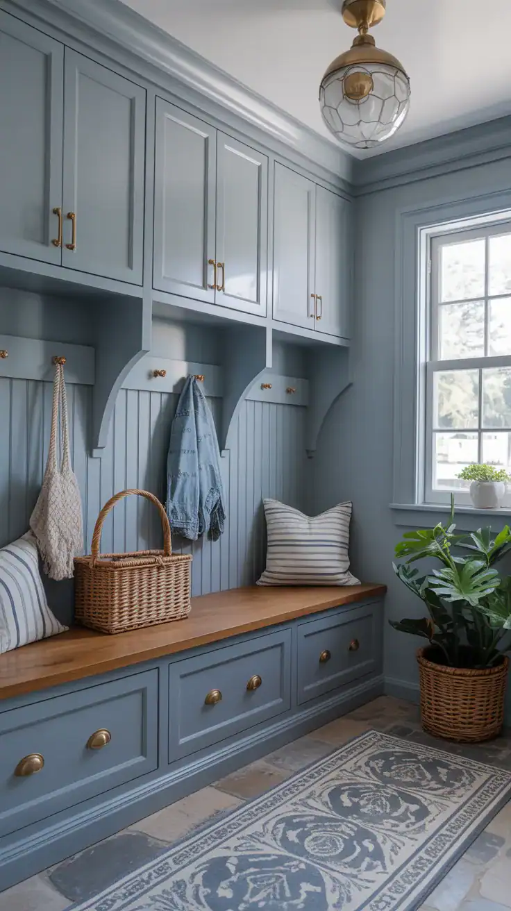 Dusty blue gray mudroom with brushed brass hardware and coastal inspired styling