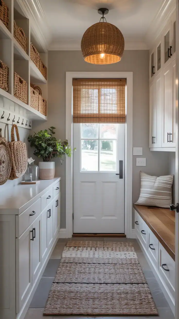 Light greige mudroom with white cabinetry and textured rugs