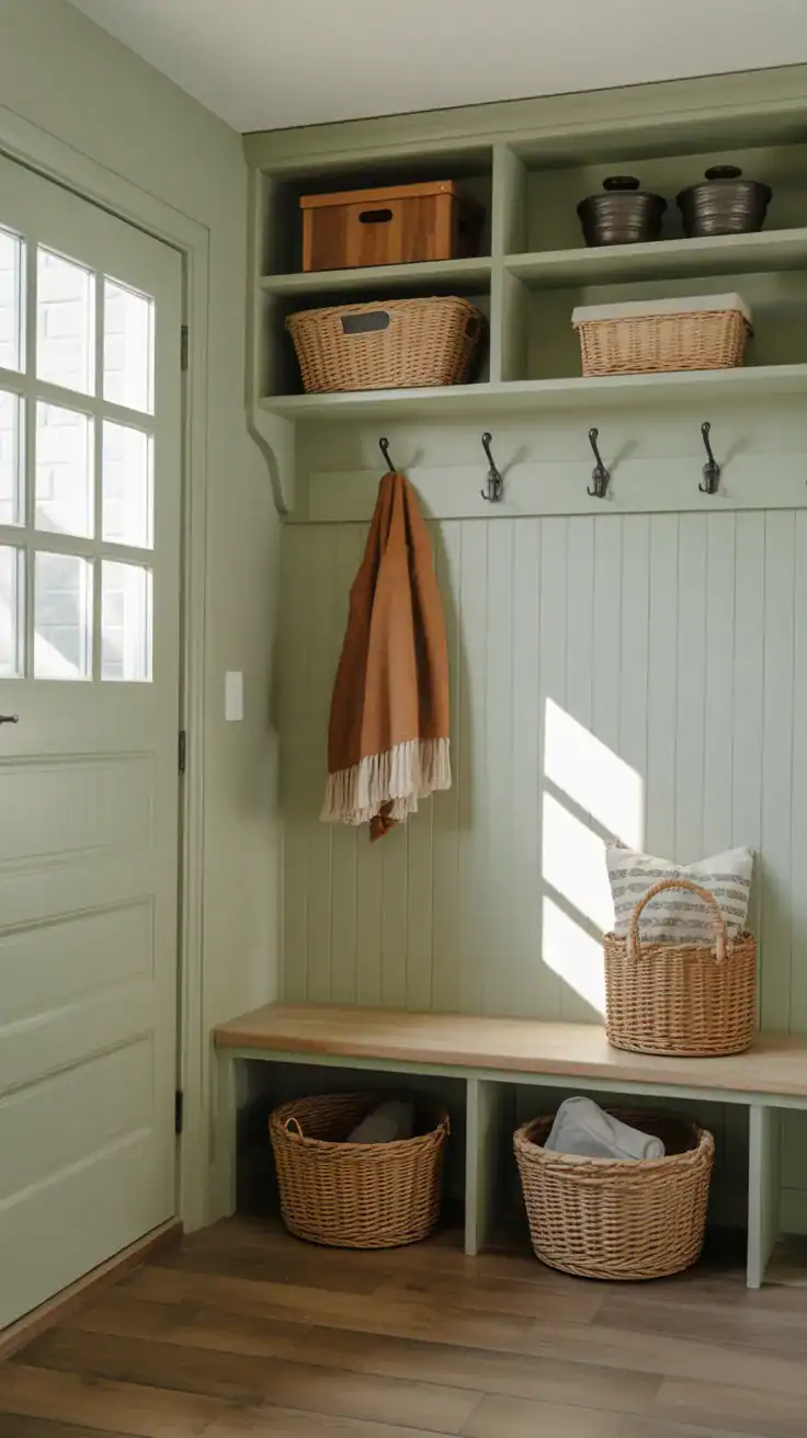 Pale sage green mudroom with matte black hooks and calm organic styling