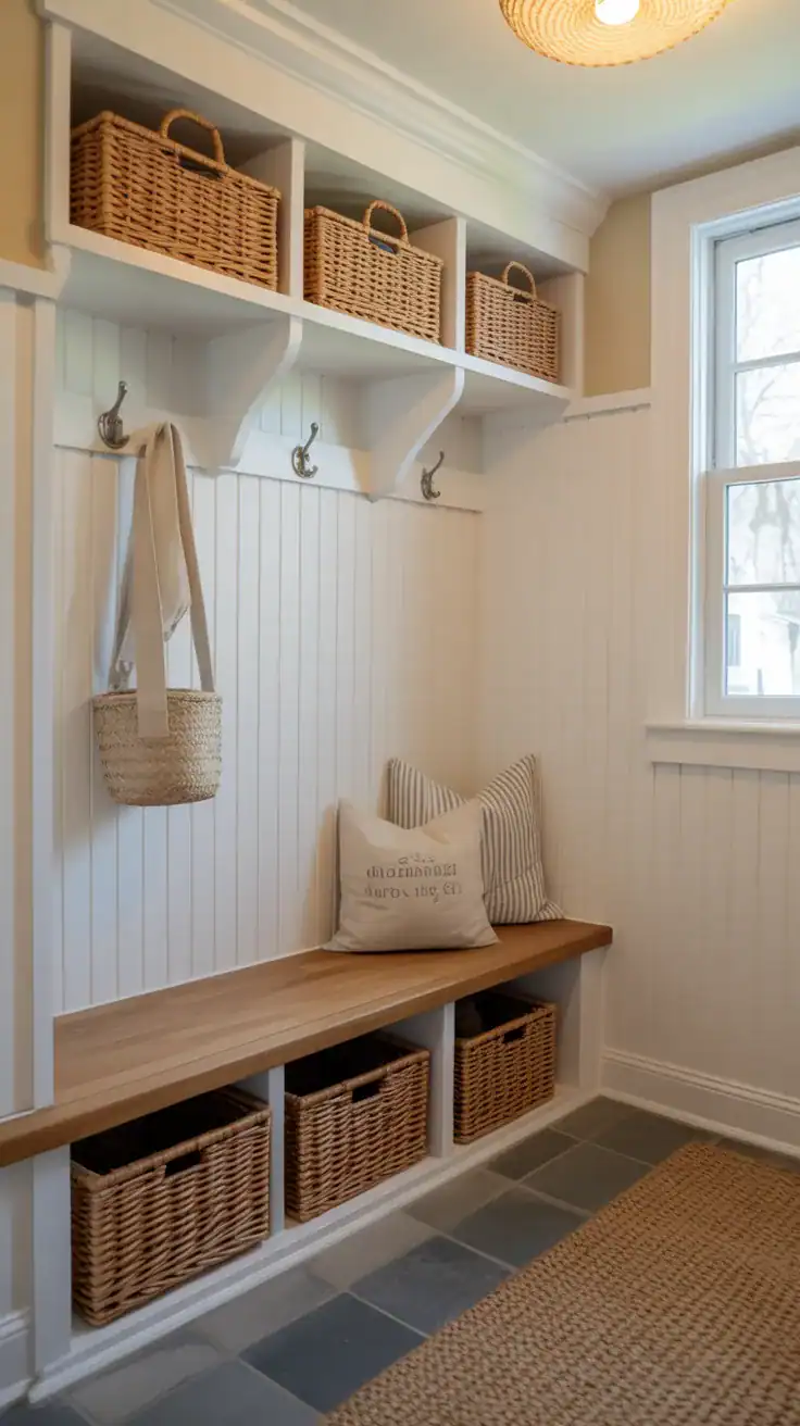 Small mudroom with soft warm white walls, natural wood bench, and woven basket storage