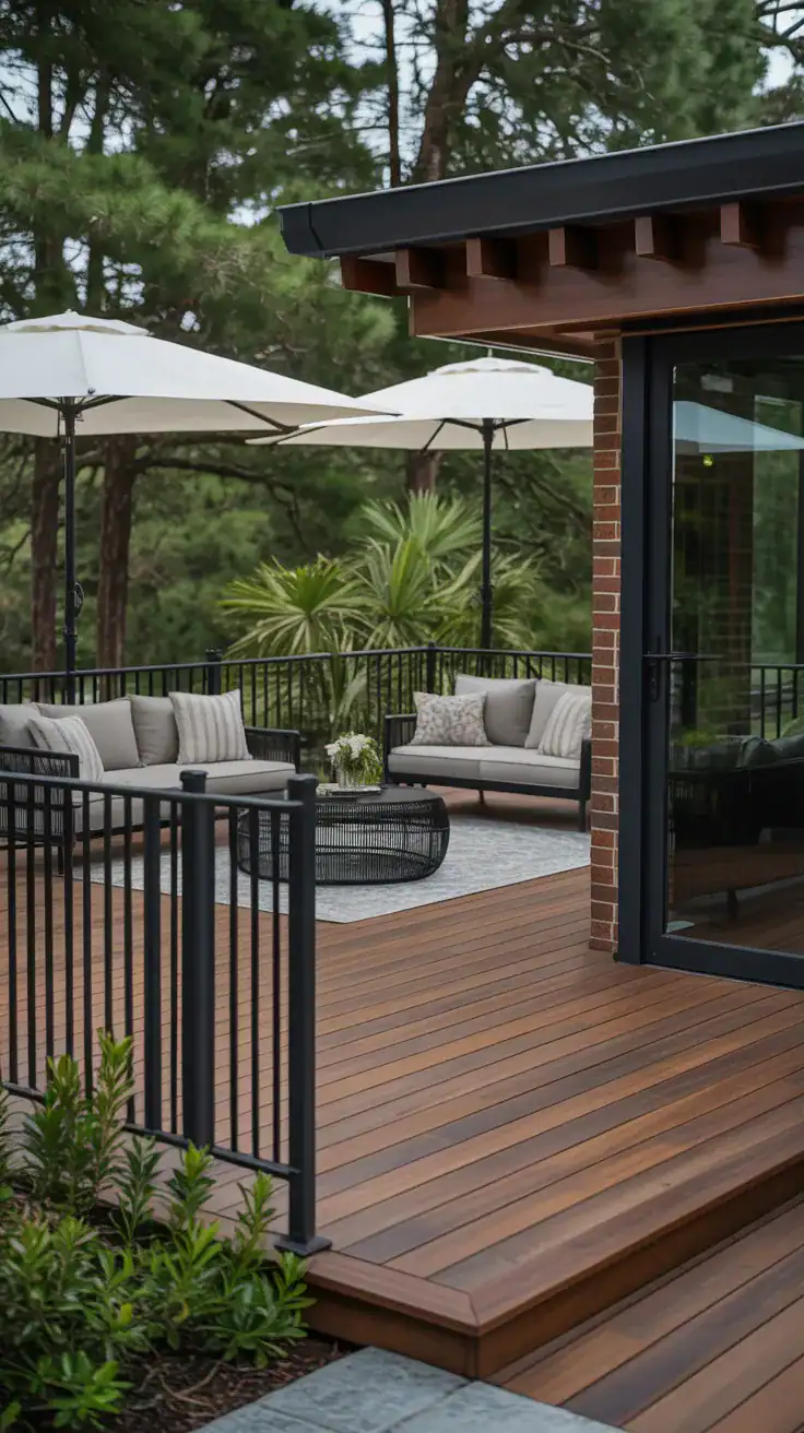 Rich walnut stained deck with black metal railings and modern outdoor furniture