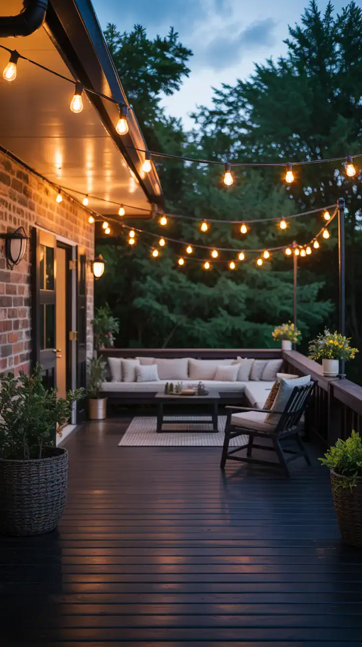 Dark espresso stained deck with overhead string lights creating warm ambience at dusk