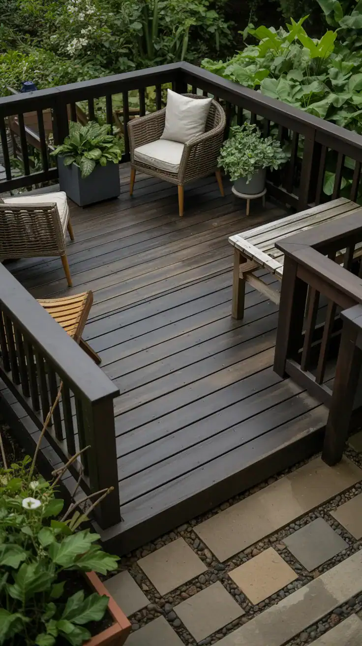 Dark stained cedar deck surrounded by lush green plants and natural landscaping