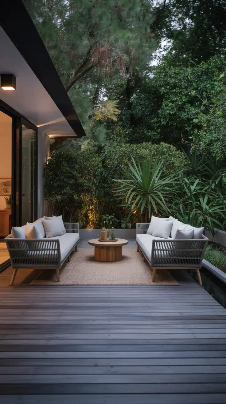 Contemporary charcoal brown stained deck with minimalist pale wood furniture