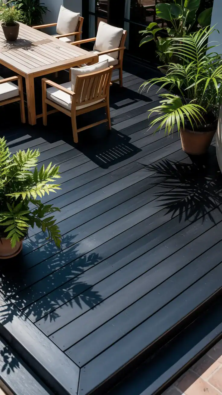 Bold matte black stained deck with light colored furniture and green plants creating contrast