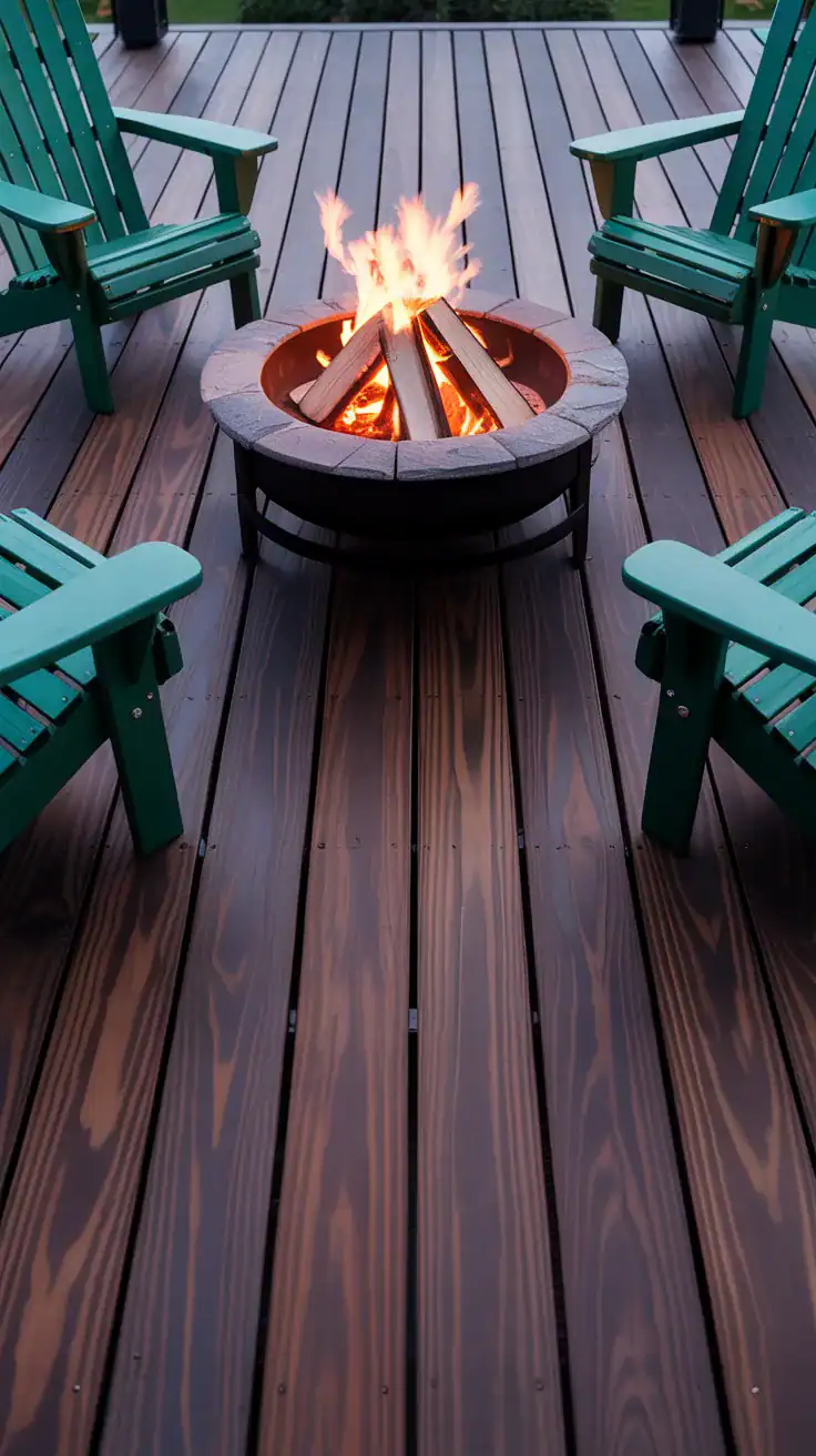 Dark walnut stained deck surrounding outdoor fire pit with Adirondack chairs