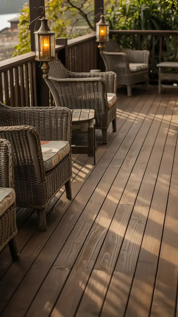 Relaxed weathered coffee brown stained deck with comfortable outdoor seating and vintage lanterns