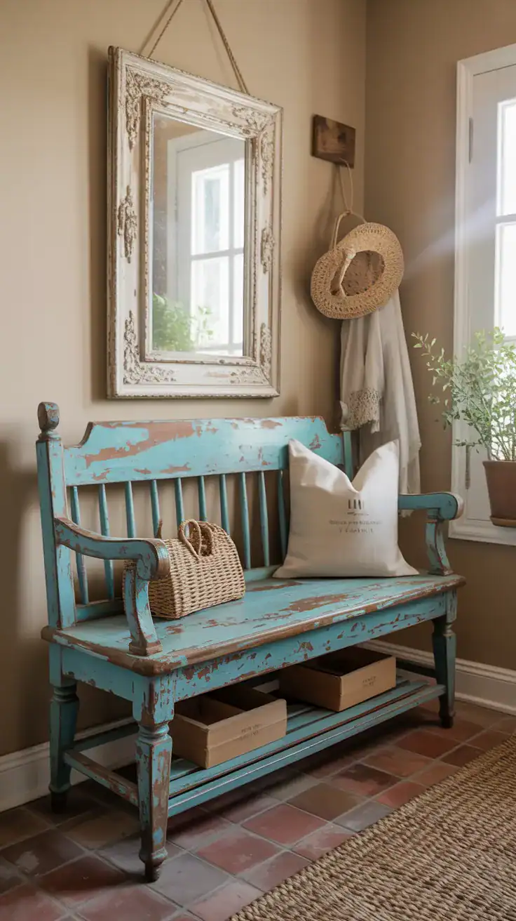 Distressed vintage bench with chipped paint finish in mudroom