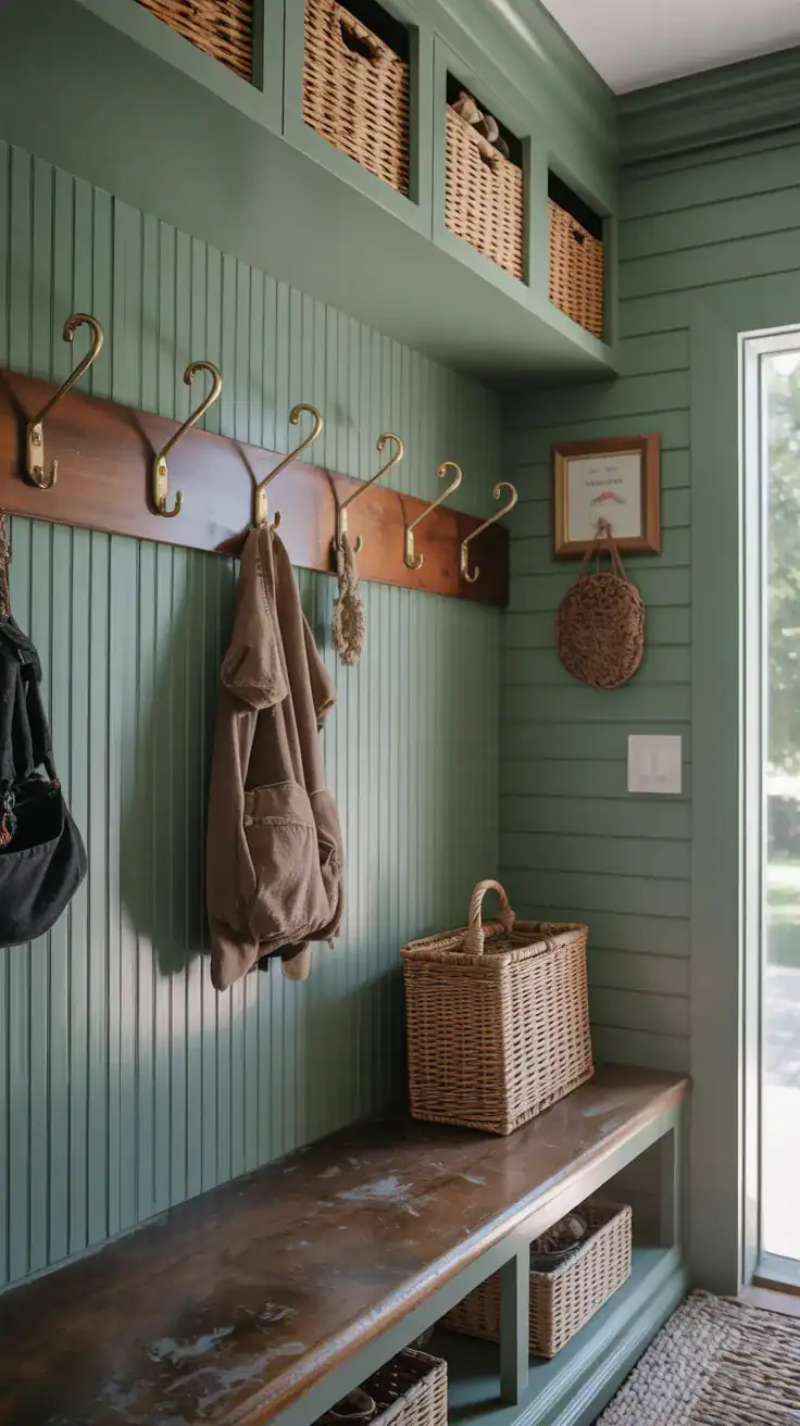 Vintage brass hooks and aged hardware mounted in mudroom
