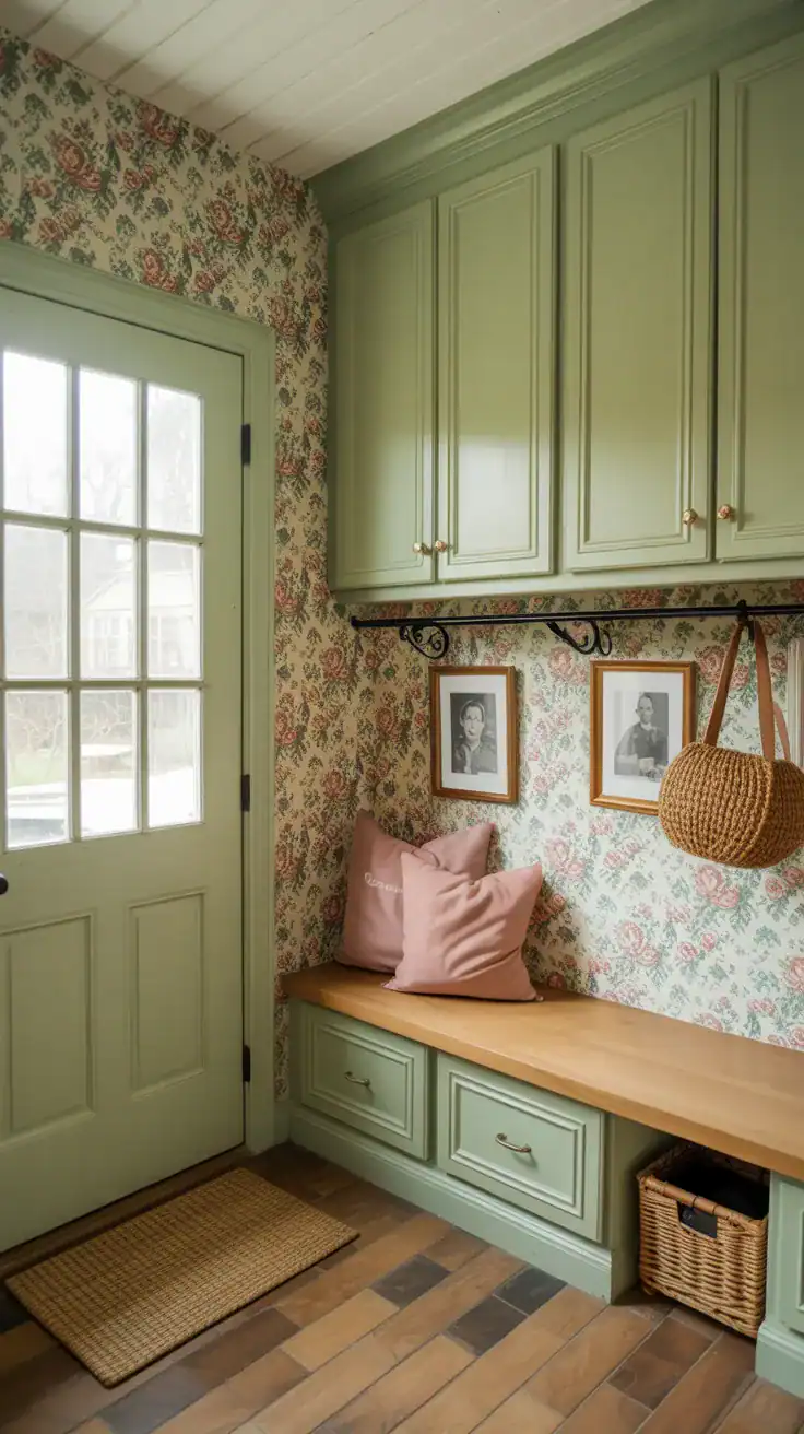 Mudroom built in cabinets with vintage floral wallpaper backing
