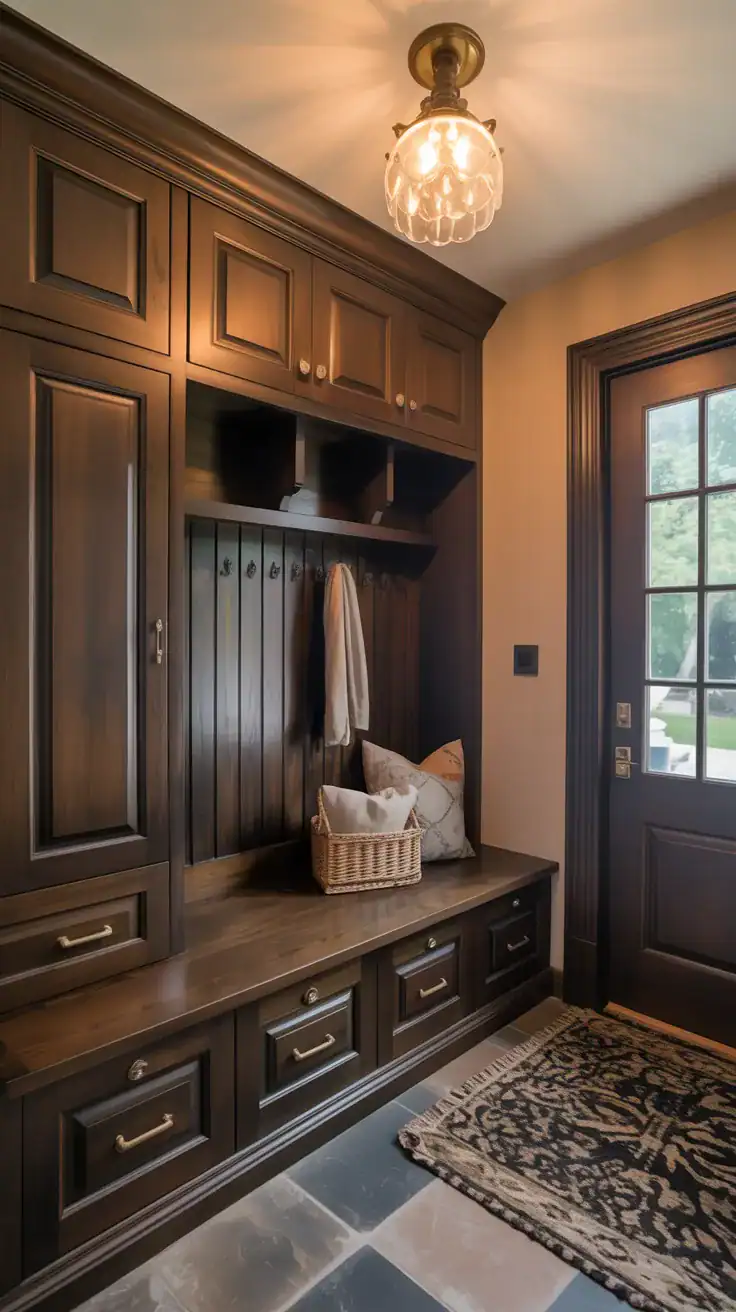 Rich dark wood mudroom cabinetry with antique brass lighting