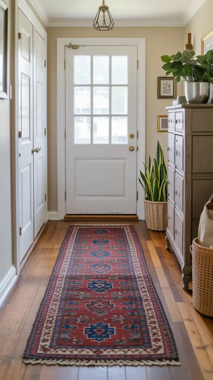 Faded vintage rug runner on mudroom hardwood floor