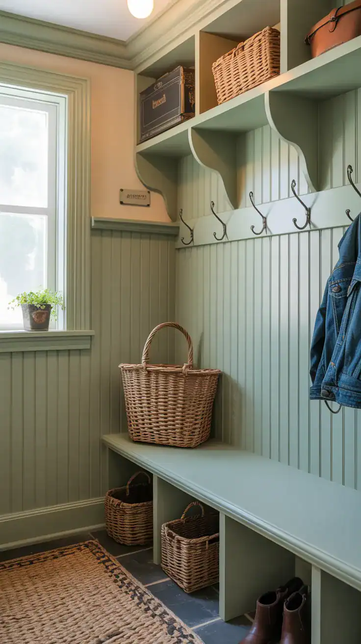 Beadboard paneled mudroom walls with antique style hooks