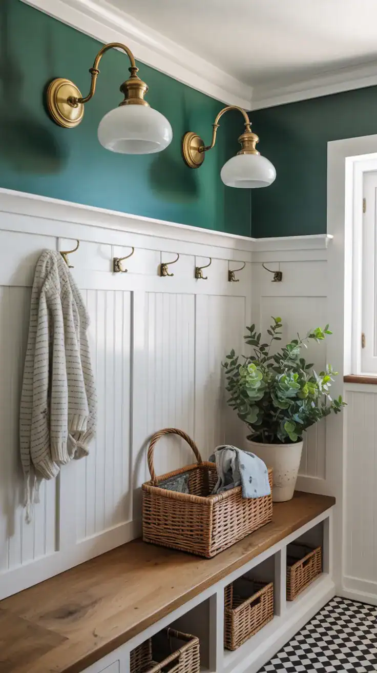 Vintage style brass wall sconces with milk glass shades in mudroom