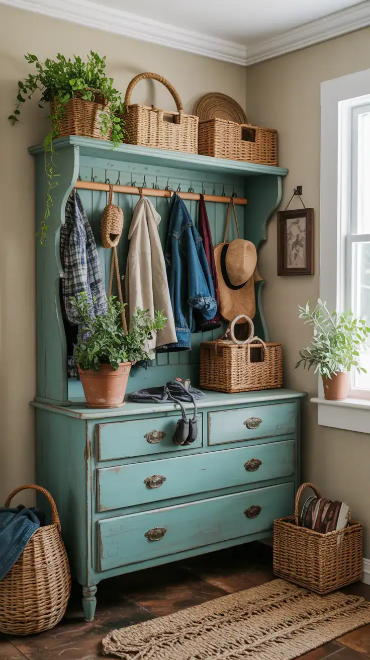 Repurposed antique dresser used as mudroom storage