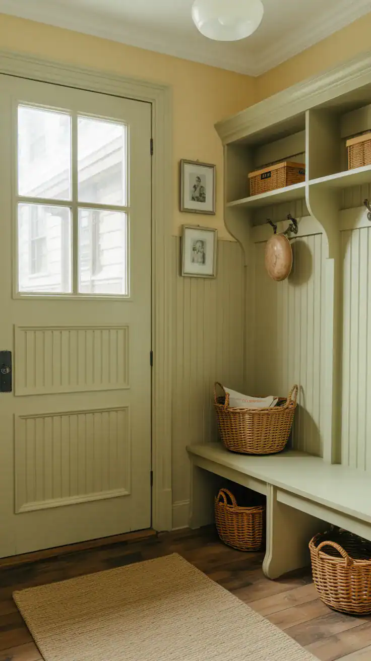 Mudroom painted in soft earth tone colors with vintage details