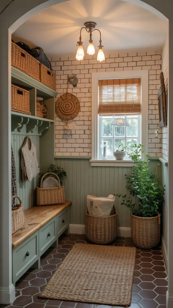 Beautiful complete vintage style mudroom showcasing collected charm