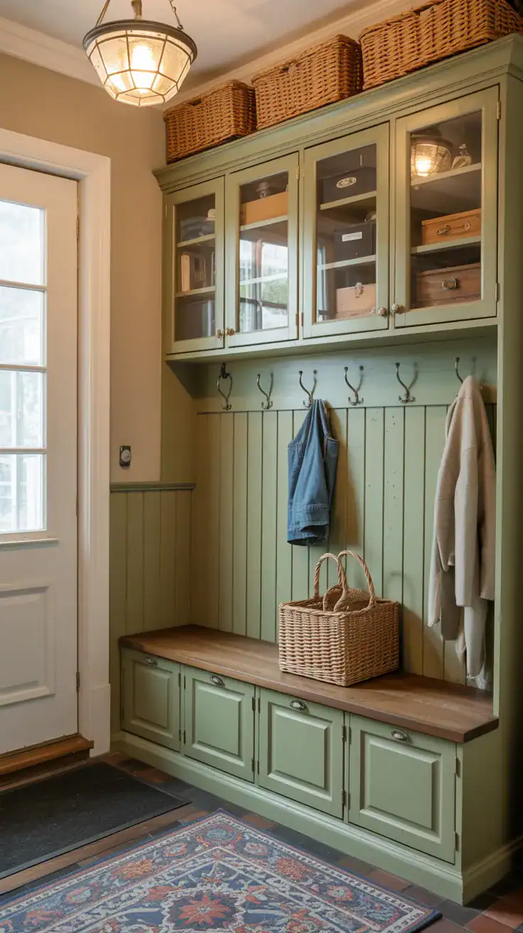 Glass front storage cabinets in vintage style mudroom