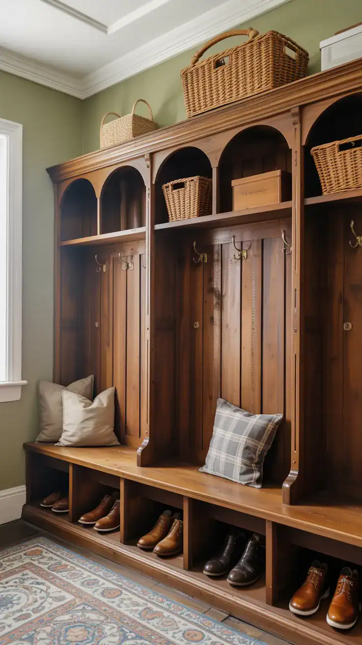 Antique wooden mudroom lockers with individual cubbies for storage