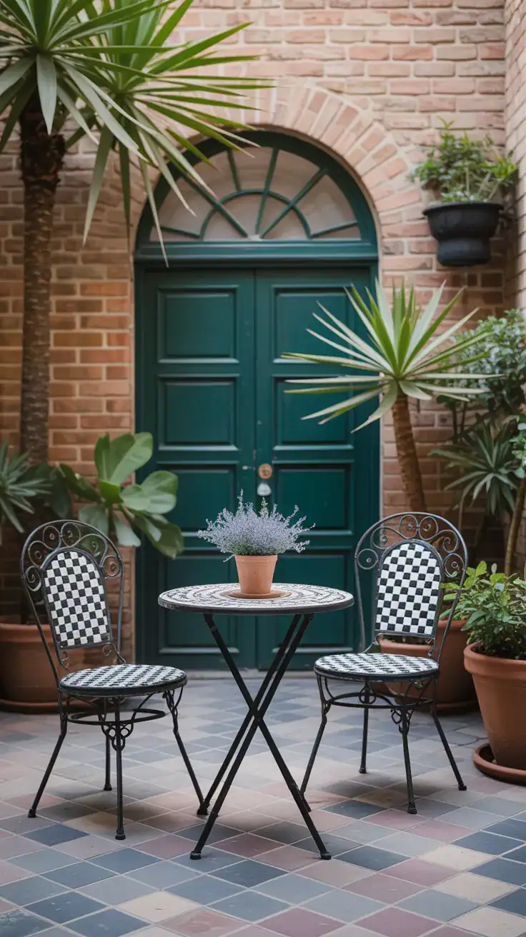 Small metal bistro set with two chairs and round table in courtyard with potted plants