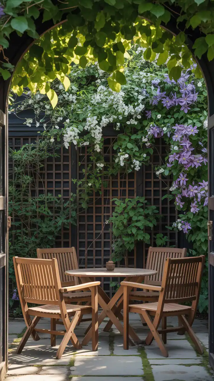 Courtyard seating with climbing jasmine and clematis on wooden trellis backdrop