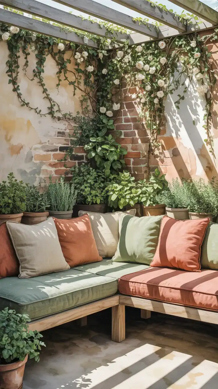 L shaped corner bench in courtyard with layered cushions and climbing plants