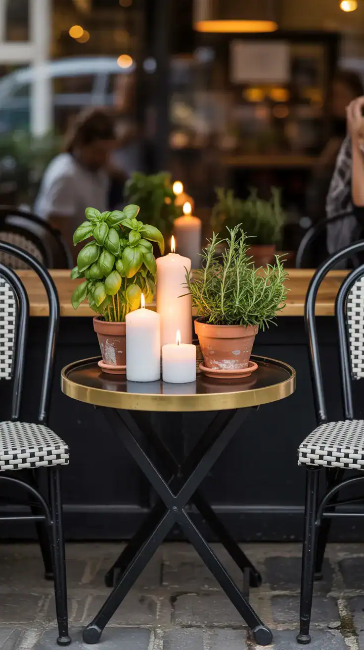 Small round coffee table between bistro chairs with candles and potted herbs