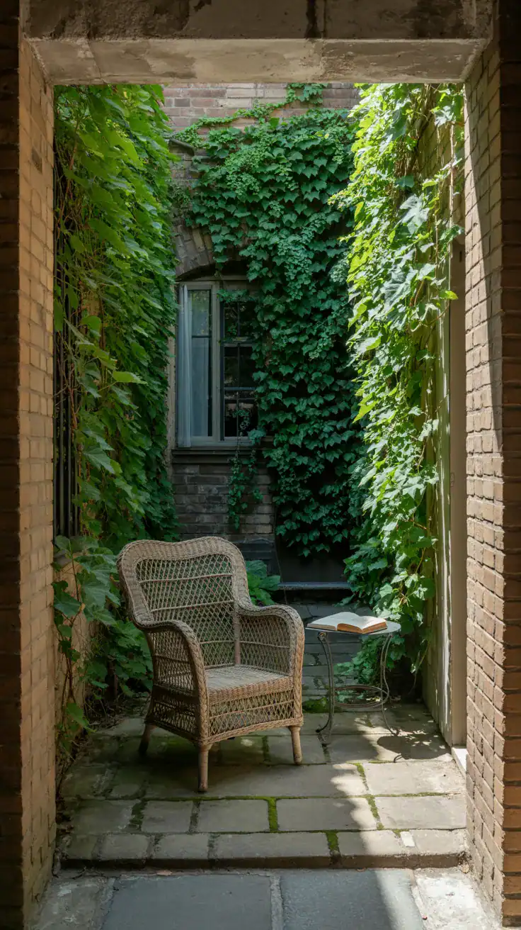 Tucked away courtyard reading nook with single chair surrounded by climbing plants