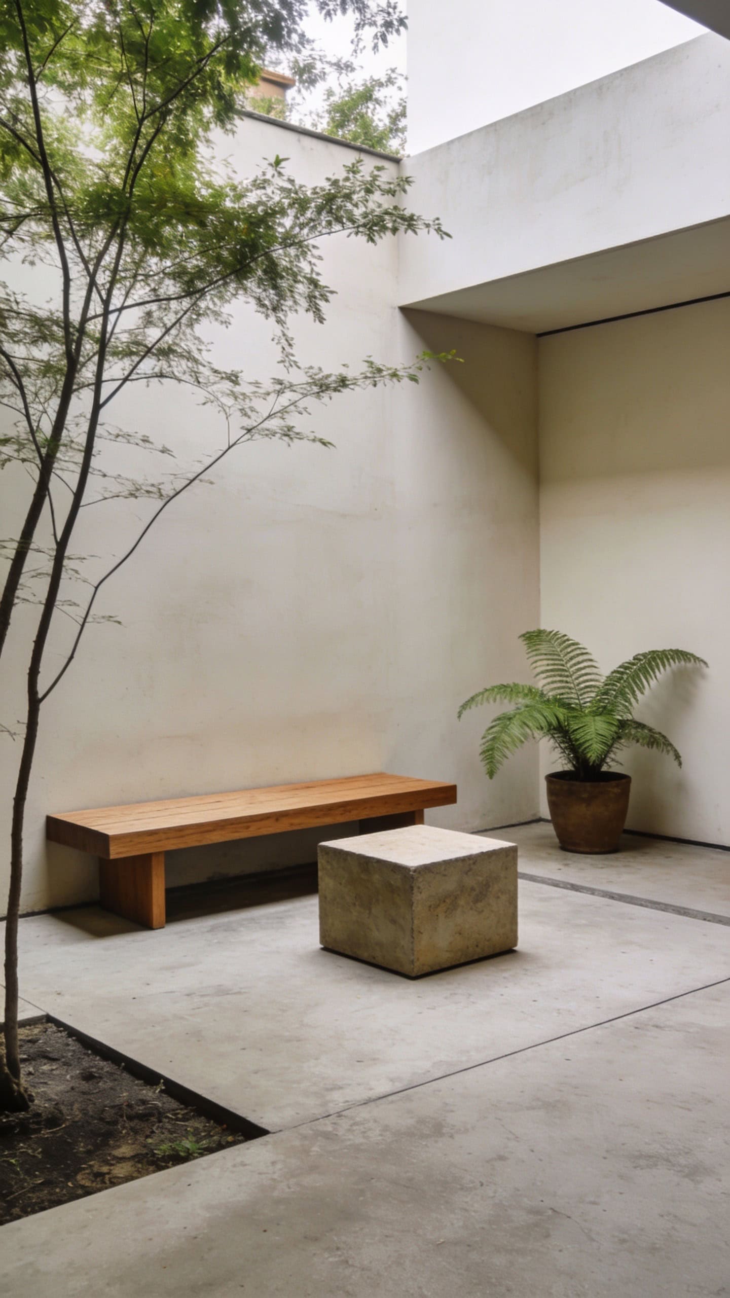 Minimalist courtyard with single seating zone and breathing room between furniture